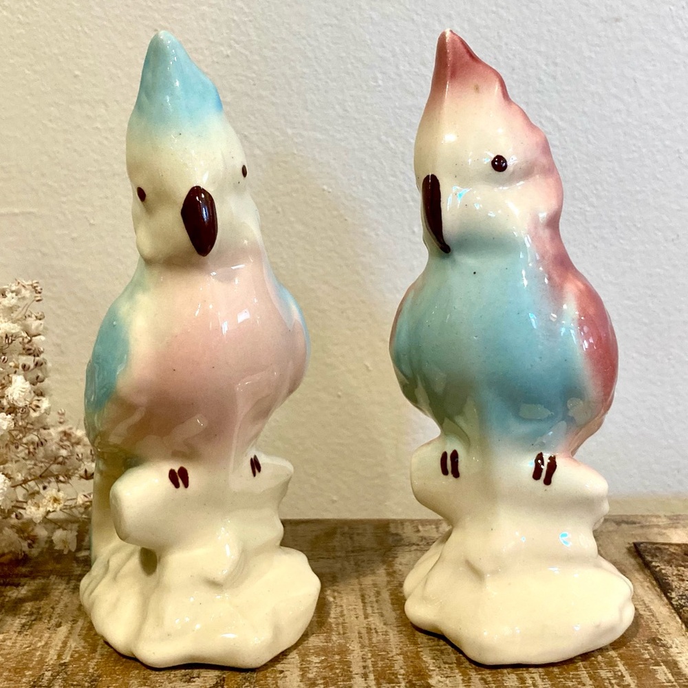 Pair Vintage Parakeet Ceramic Figurines 6” Tall Pinks and Blue